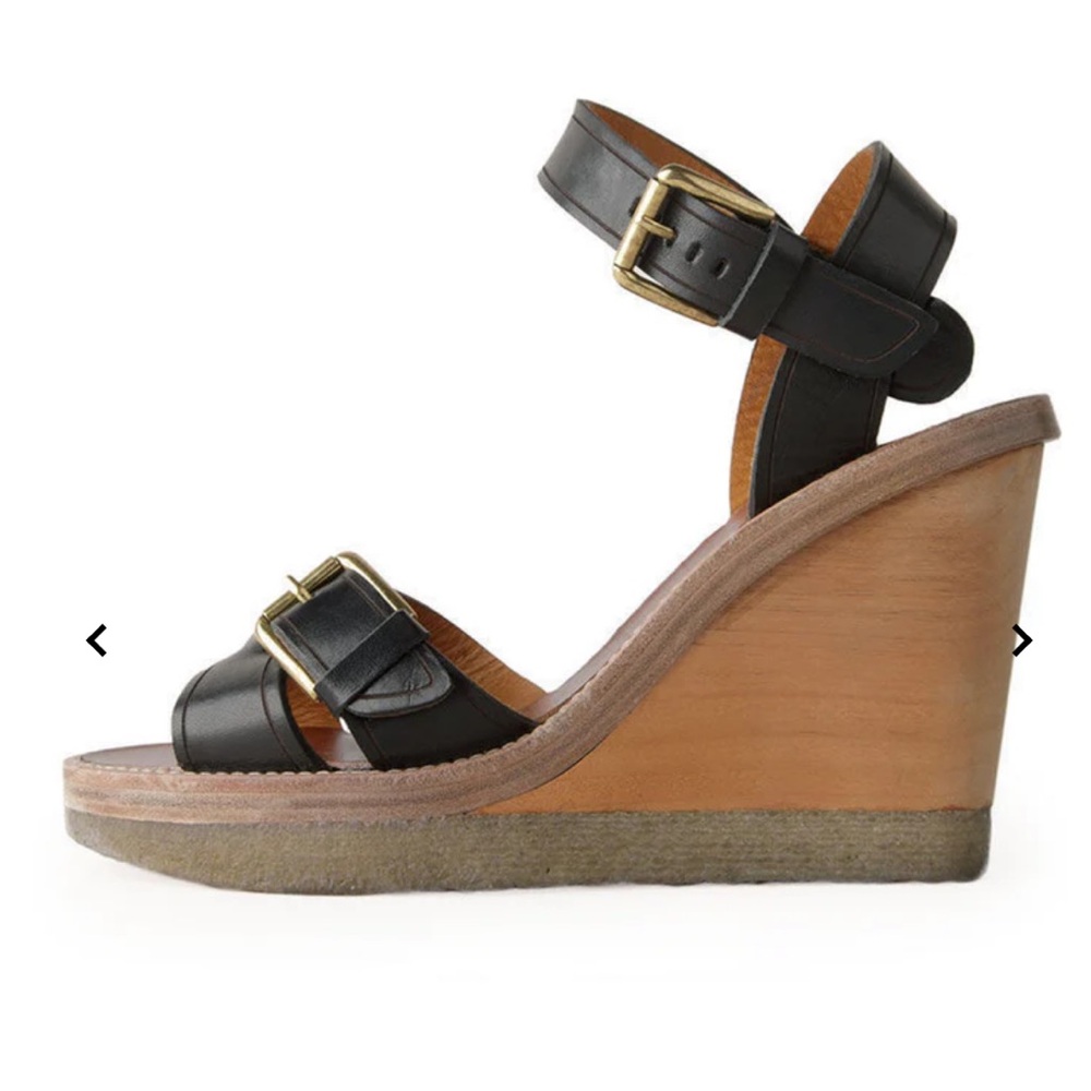 ISABEL MARANT Paris Black Leather Handy Wood Wedge Buckle BOHO Sandals 10 RARE! - Picture 2 of 8